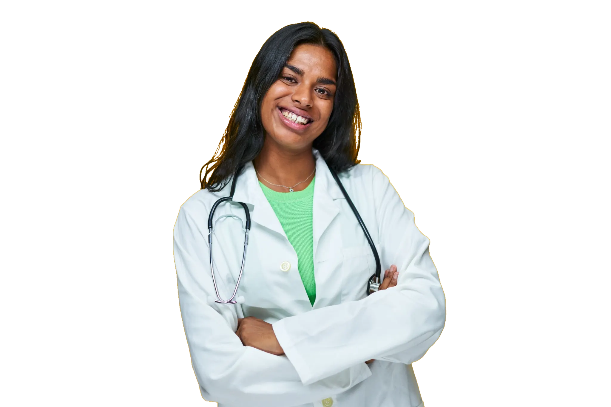 Smiling physician in a white coat